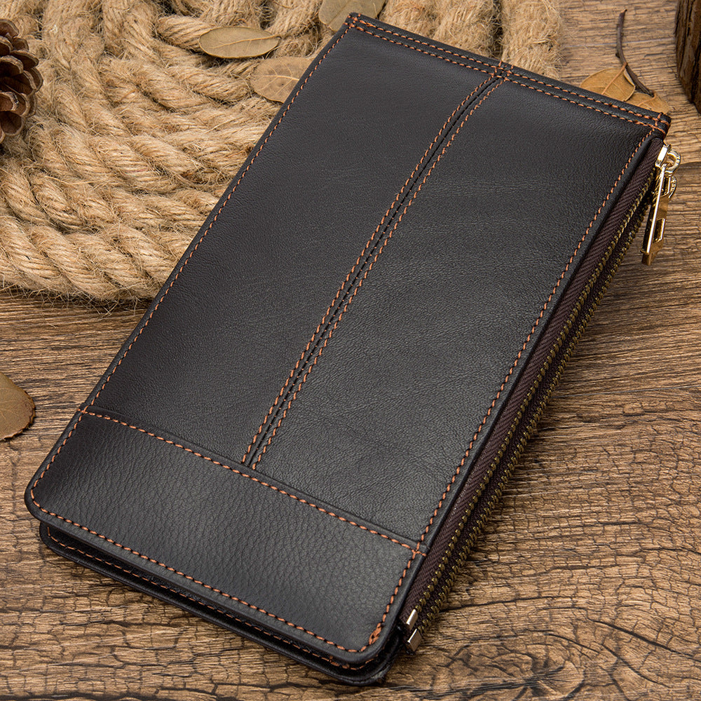 Men's long wallet made of genuine cowhide leather large capacity clutch bag Korean fashion unique zipper men's wallet 