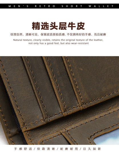 Men's Short Wallet Cow Leather Retro Crazy Horse Handmade Men's Wallet 