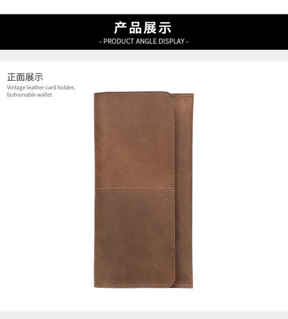 Men's long wallet, genuine cowhide leather, zipper, thin business card holder, wallet for men 