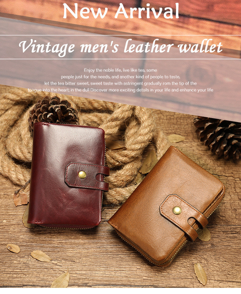 Men's short wallet, genuine cowhide leather, retro coin purse, anti-theft brush, zipper, unisex card bag 