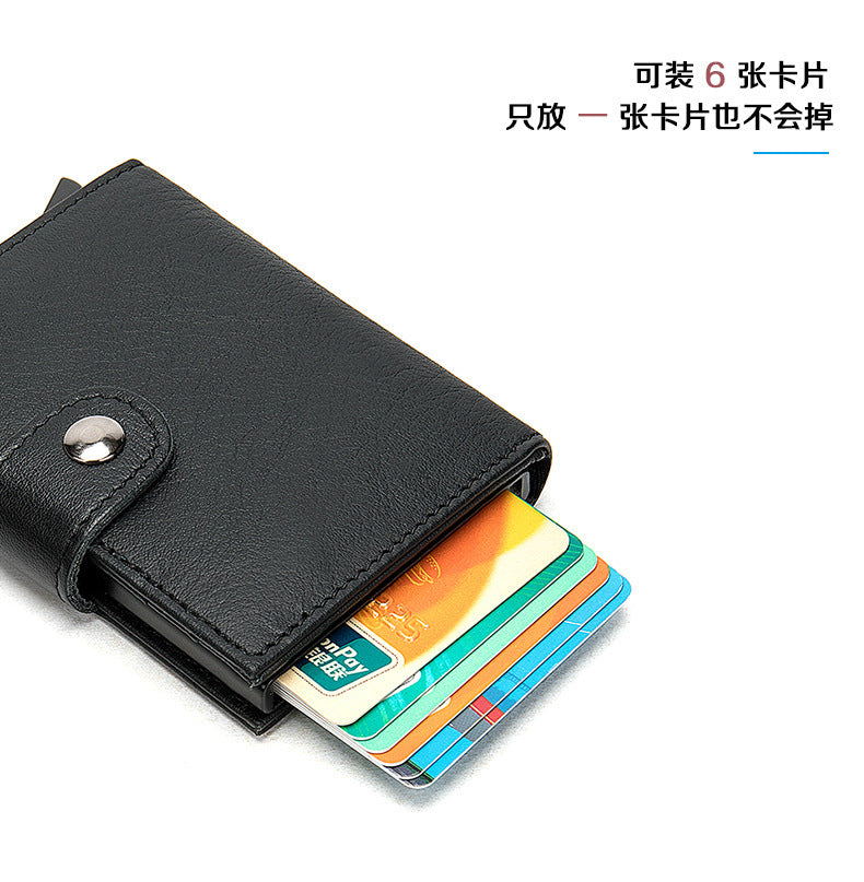 Men's wallet cowhide genuine leather aluminum alloy automatic pop-up RFID anti-theft brush personality business card holder card bag for men 