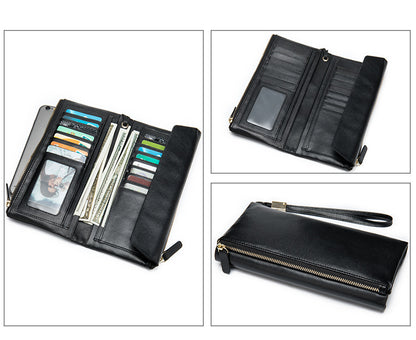 Men's Long Wallet Retro Genuine Cowhide Leather Large Capacity Card Holder RFID Anti-Theft Business Clutch Bag 