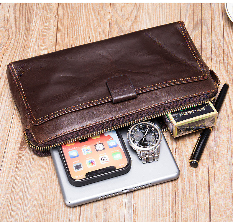 Men's Long Wallet Large Capacity Korean Fashion Genuine Cowhide Leather Card Holder RFID Anti-Theft Clutch Bag Men's Handbag 