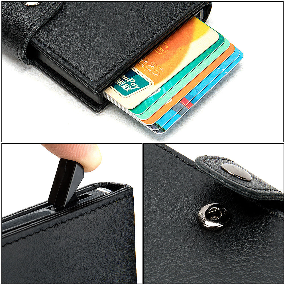 Men's wallet cowhide genuine leather aluminum alloy automatic pop-up RFID anti-theft brush personality business card holder card bag for men 