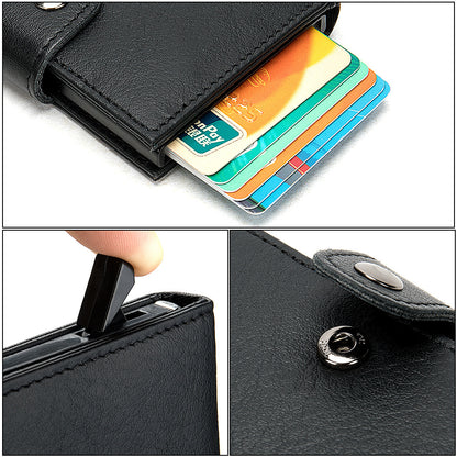 Men's wallet cowhide genuine leather aluminum alloy automatic pop-up RFID anti-theft brush personality business card holder card bag for men 