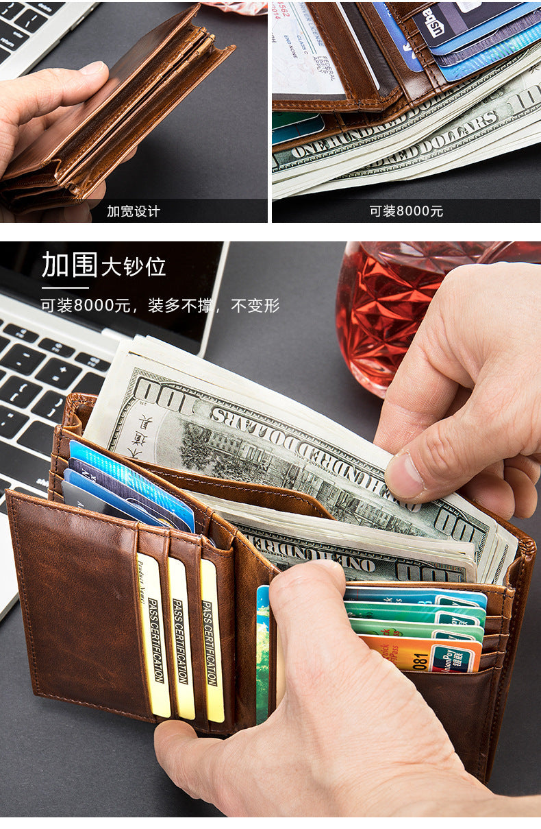 Men's Short Wallet Genuine Cowhide Leather RFID Anti-Theft Card Bag Retro Men's Wallet 