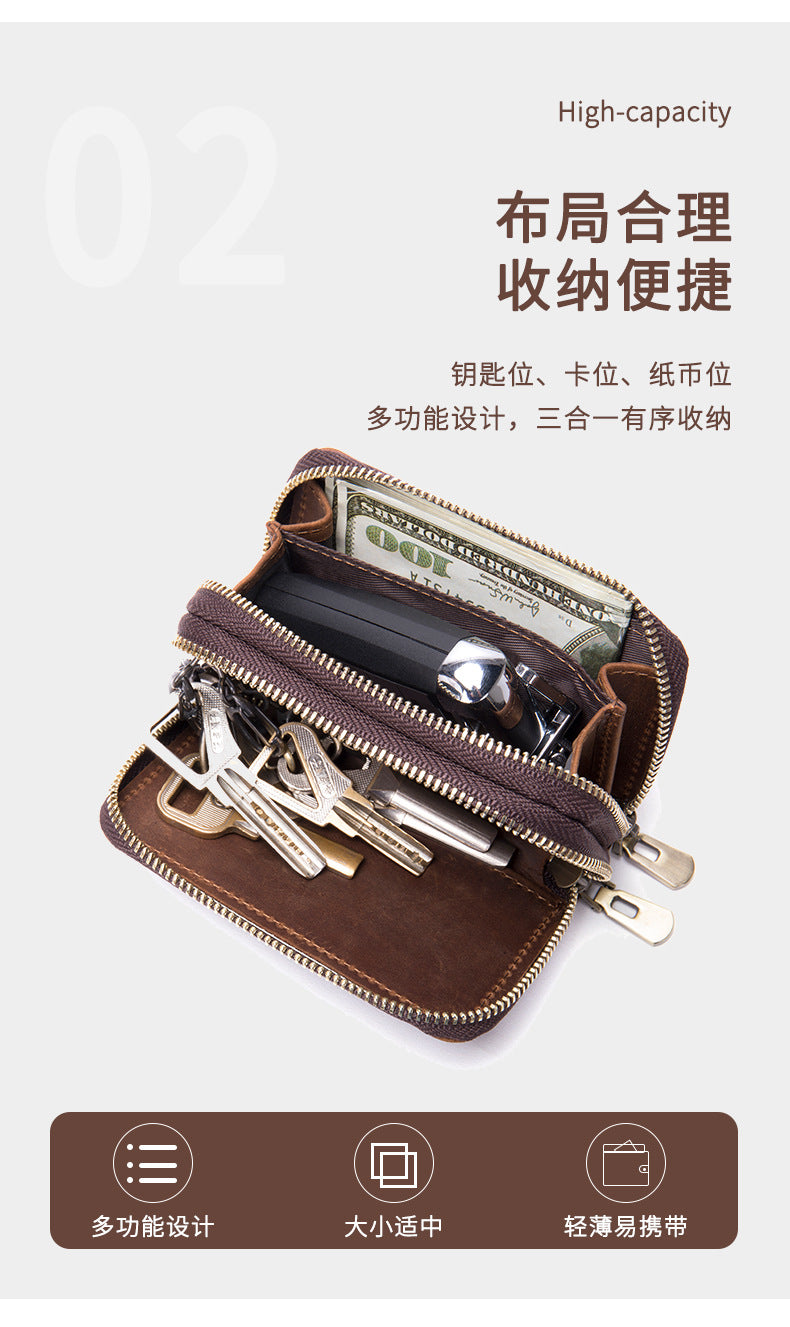 Men's Wallet Portable Cowhide Car Key Wallet Zipper Retro DIY Men's Wallet Handbag 