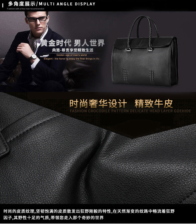 Men's Handbag Genuine Leather Cowhide Fashion Business Large Capacity Business Briefcase Computer Bag Hand-knitted Men's Handbag 