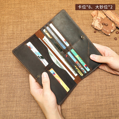 Men's long wallet made of genuine cowhide leather fashion retro clutch bag men's wallet card bag 