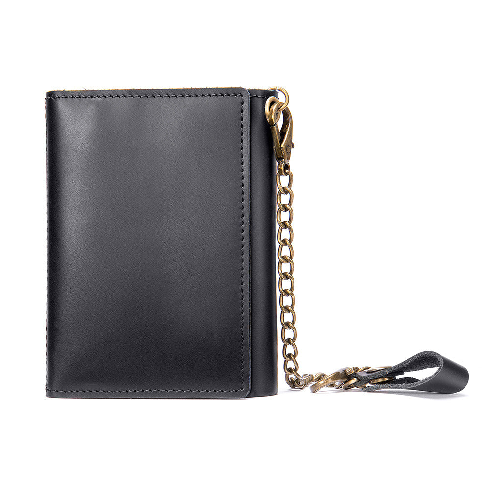 Men's short wallet made of genuine cowhide leather, retro chain, multi-functional, tri-fold, anti-theft, wallet for men 