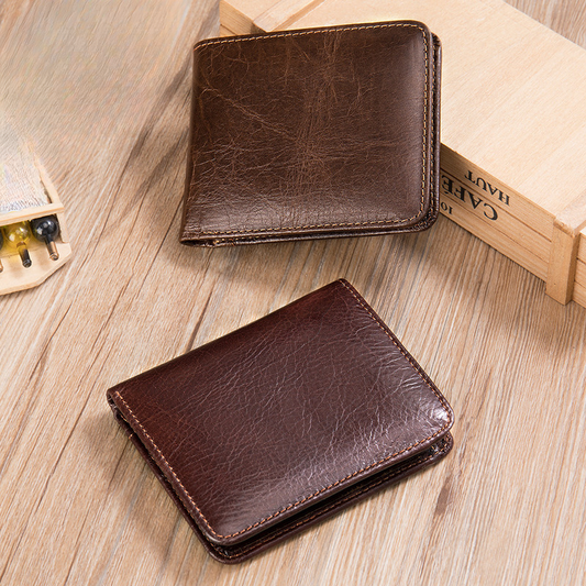 Men's short wallet, portable, compact, genuine cowhide leather, retro commuting fashion, card bag wallet for men 