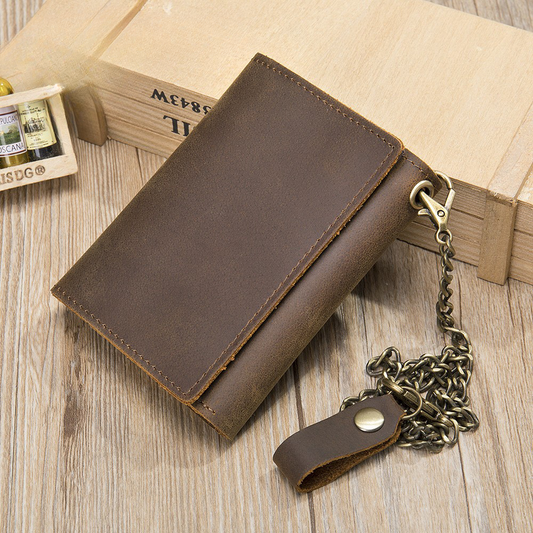 Men's short wallet made of genuine cowhide leather, retro chain, multi-functional, tri-fold, anti-theft, wallet for men 