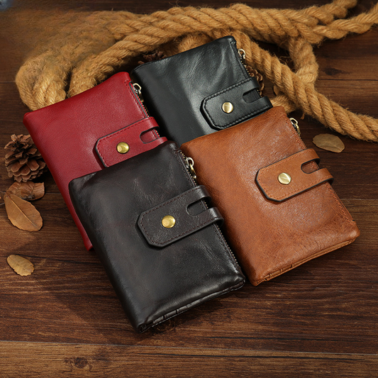 Men's short wallet, genuine cowhide leather, retro zipper, card holder, rfid anti-theft, large capacity, handbag for men 