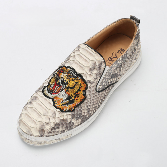 Python Skin Genuine Leather Men's Moccasins Embroidery Tiger Head Fashion Men Shoes Casual Shoes 