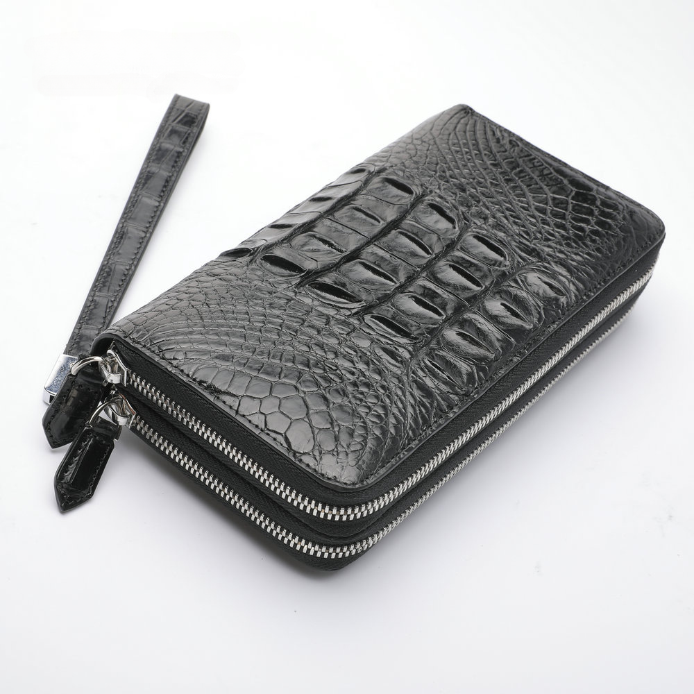 Siamese Crocodile Skin Men's Long Wallet Double Zipper Card Bag Genuine Leather Wallet Handbag 