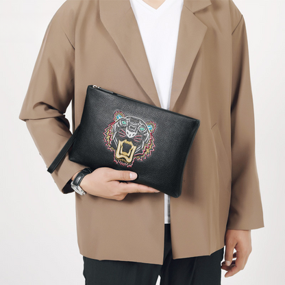 Men's Clutch Bag Genuine Cowhide Leather Casual Fashion Tiger Head Embroidery Men's Handbag 